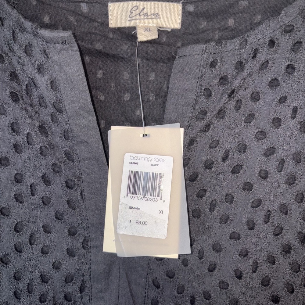 Elan‎ Black Eyelet Mini Dress XL Lined 3/4 Sleeve V-Neck Bloomingdale's Brand - Picture 8 of 8